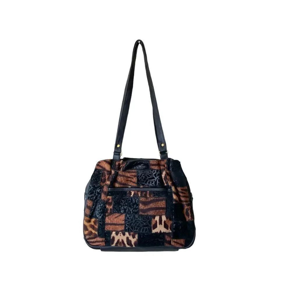 Black Patchwork Shoulder Bag Tote Leather Animal Print Vintage